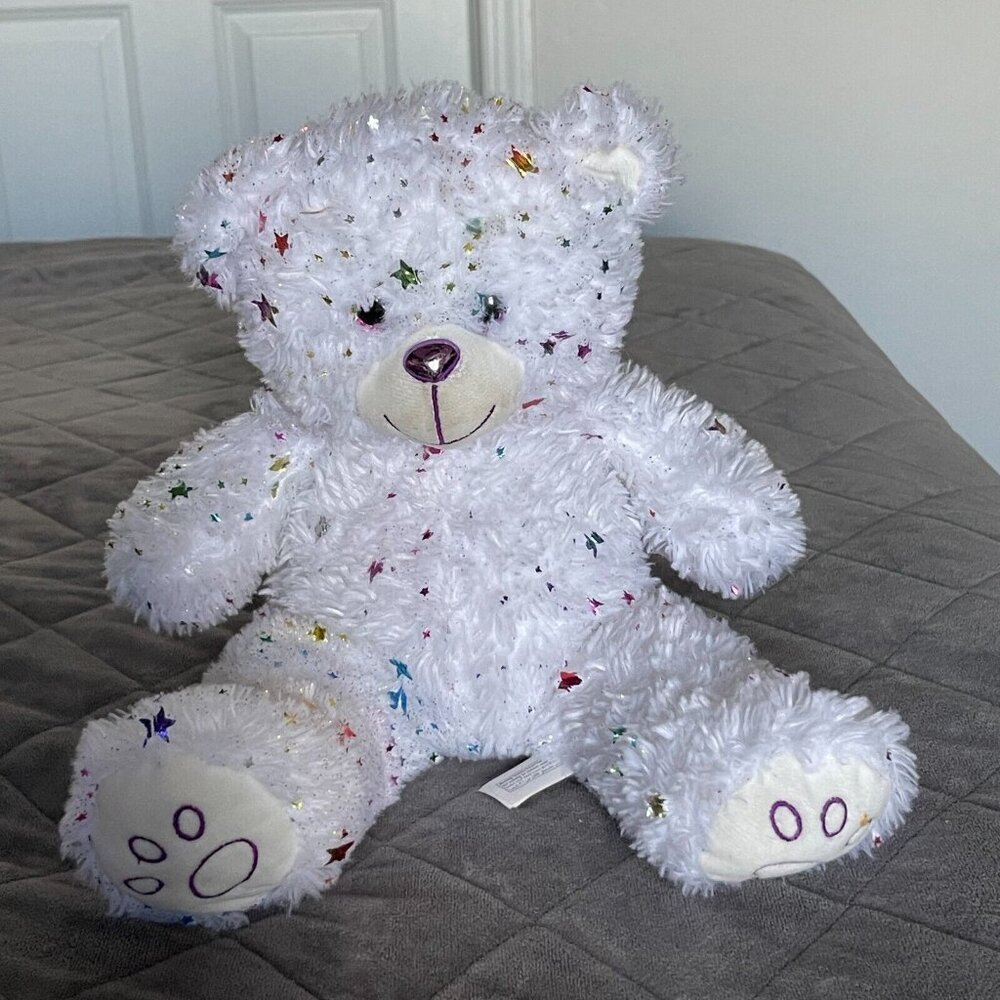 White Teddy Bear 12" Plush Stuffed Toy Colorful Glitter Sparkle Stars